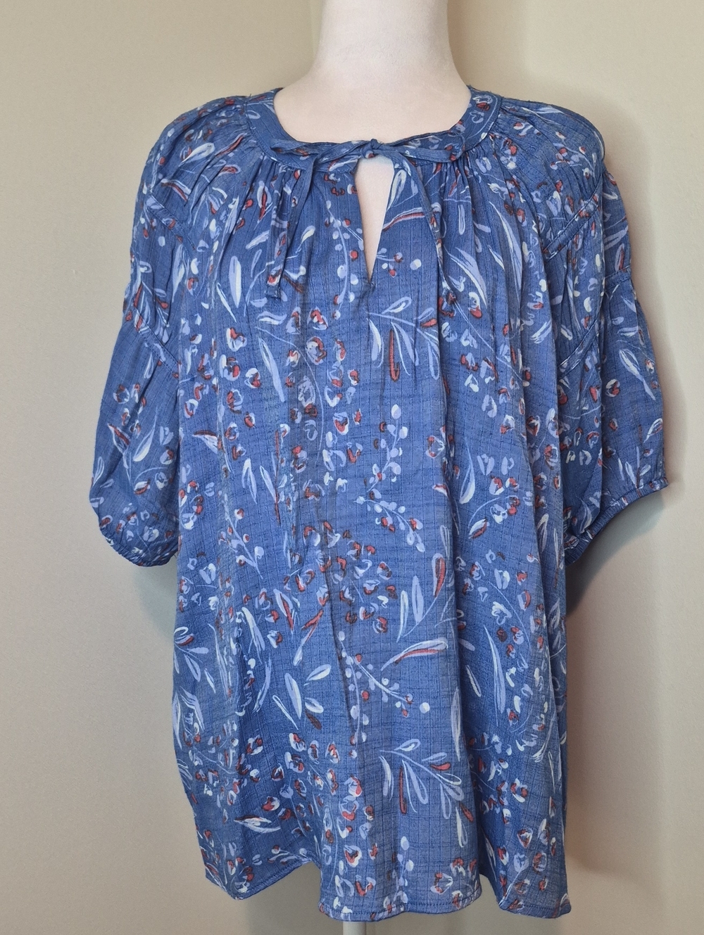 Wonderly Women's Blue Floral Tie-Front Peasant Tunic Size XL